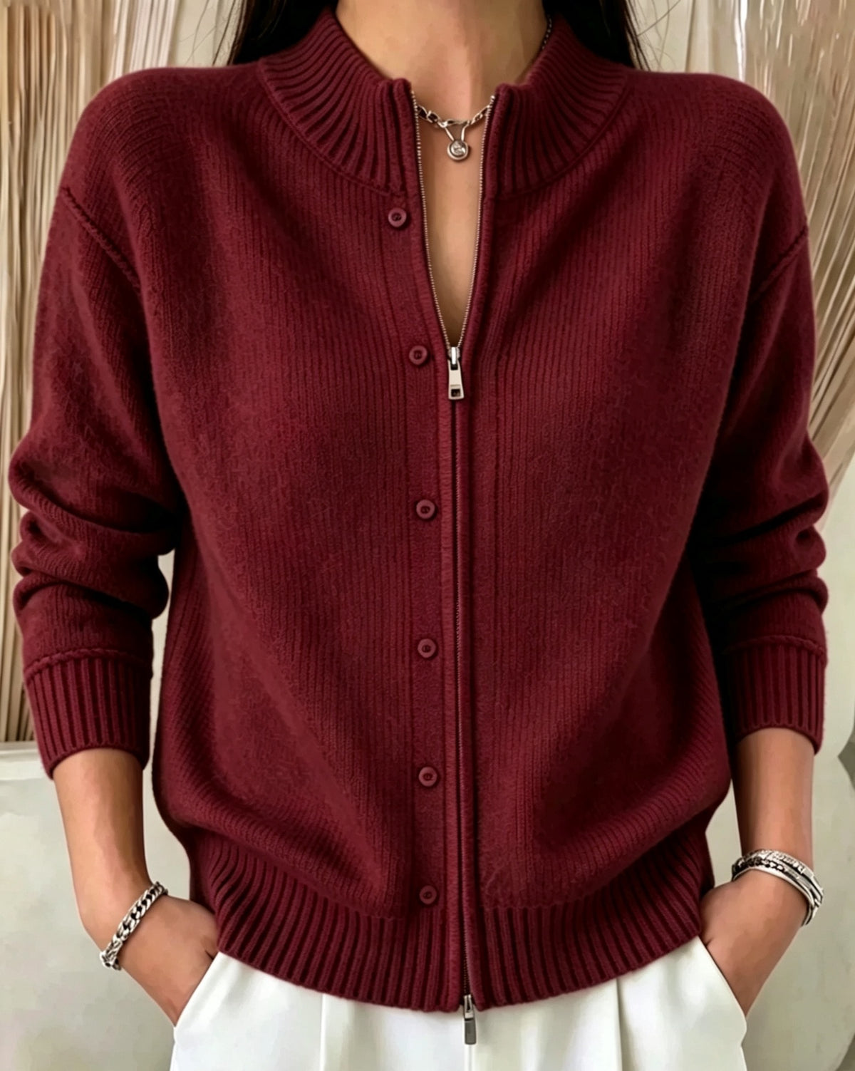 Zip-Up Crewneck Knit Sweater - Soft and Modern