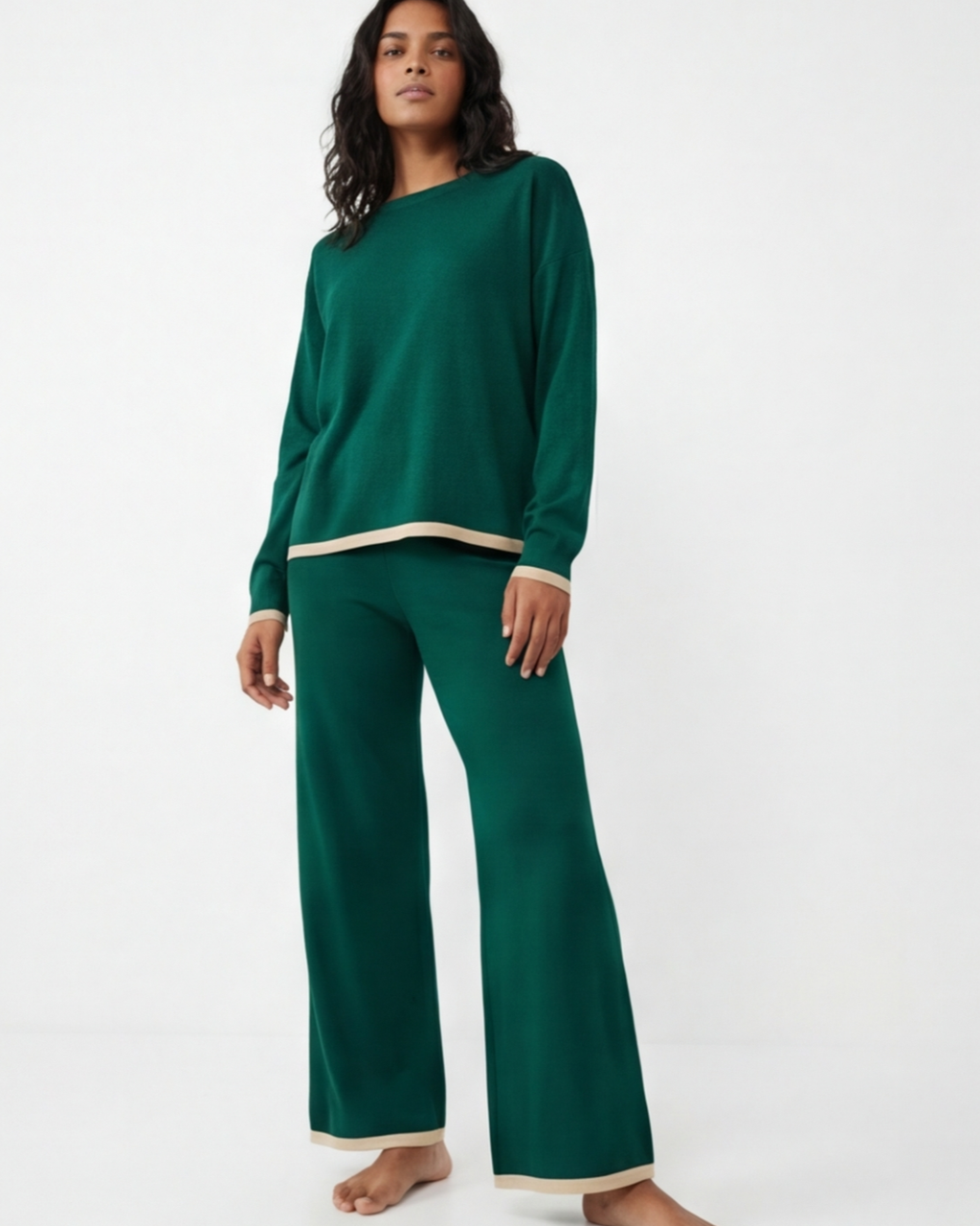 Women’s Knitted Two-Piece Set – O-Neck Top and Wide-Leg Trousers Loungewear