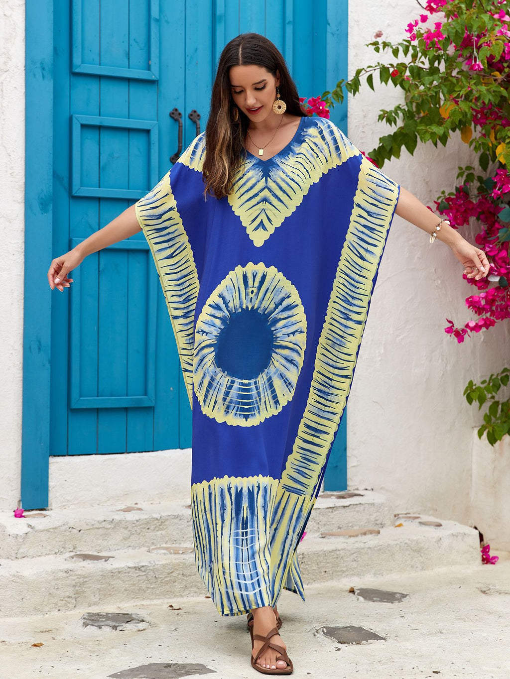 Women's Printed V-Neck Maxi Holiday Dress - Relaxed One Size Daywear