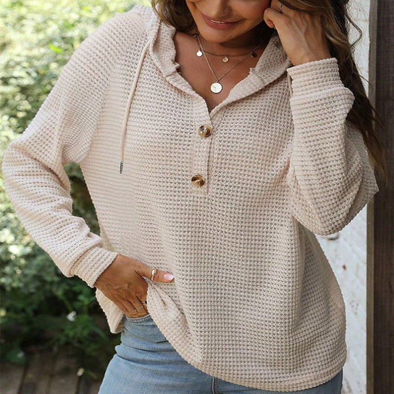 Women’s Solid Color Hooded Sweatshirt – Loose-Fit Button-Up Fall Winter Style