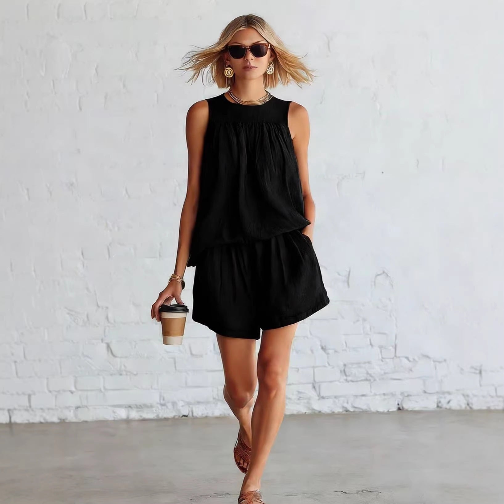 Women's Sleeveless Pleated Top and Wide-Leg Shorts Set – Effortless Summer Co-Ord Style
