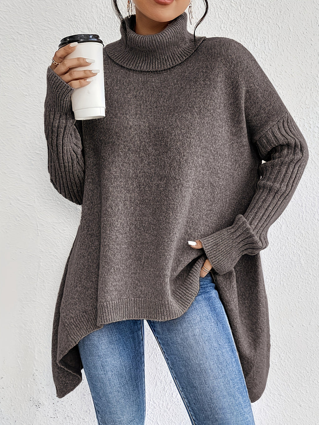Women’s Irregular Turtleneck Sweater – Loose Knit Long-Sleeve Pullover