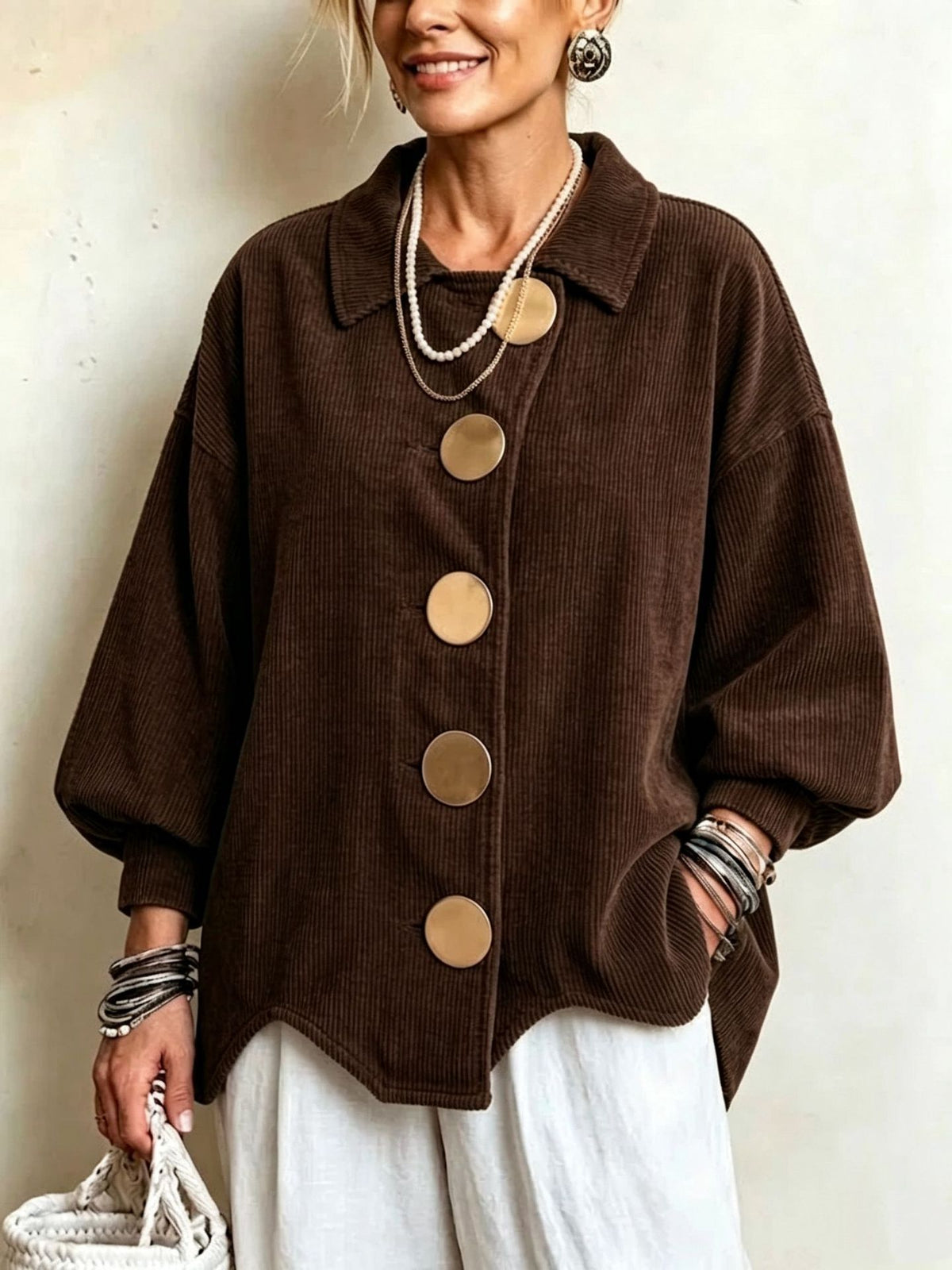 Corduroy Metal-Button Jacket - Relaxed and Structured