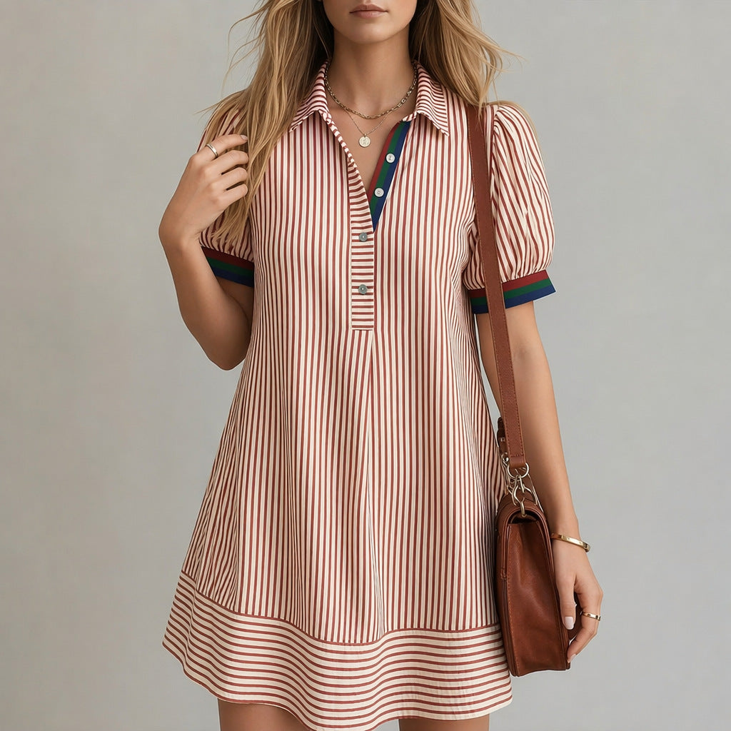 Women's Puff-Sleeve Midi Shirt Dress – Striped Stand-Collar Casual Style