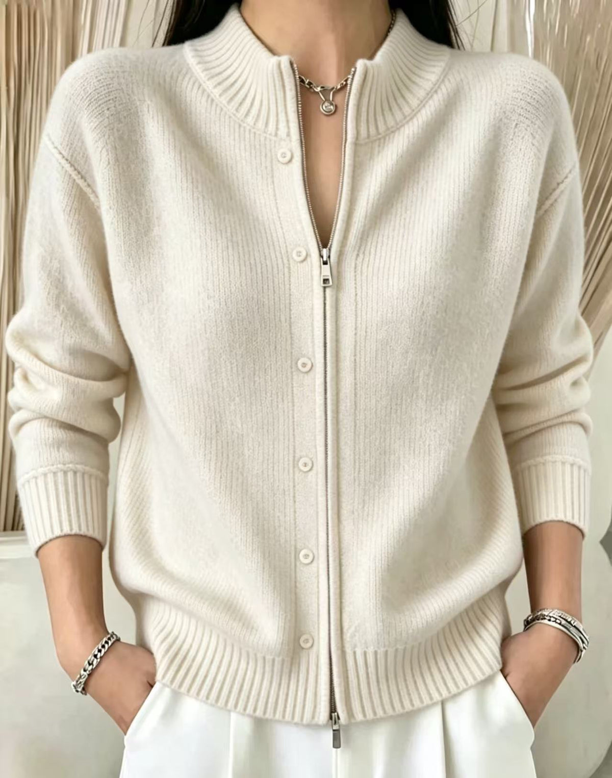Zip-Up Crewneck Knit Sweater - Soft and Modern