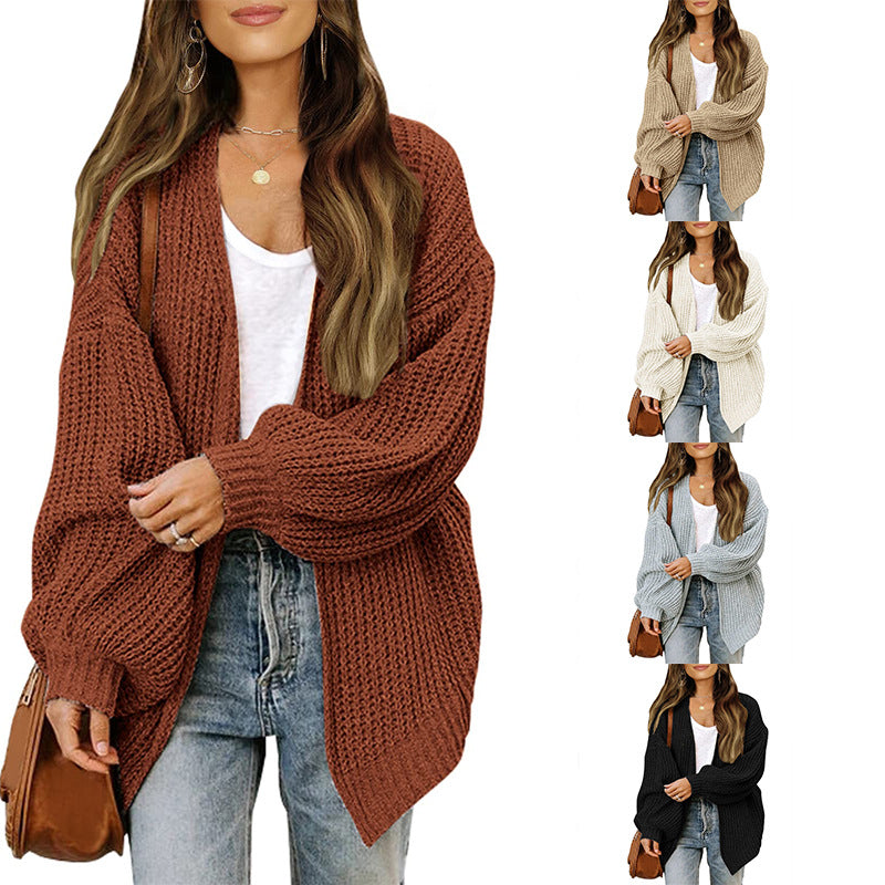 Women’s Chunky Knit Cardigan Coat – Lantern Sleeve Cozy Oversized Style