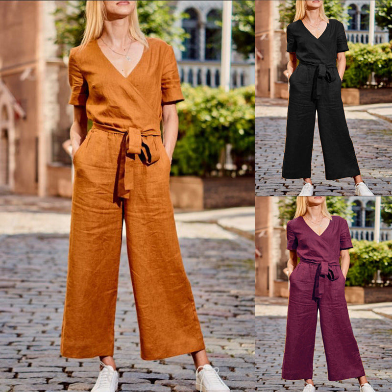 Women's Color-Block Short Sleeve Jumpsuit - Relaxed Wide Leg Everyday One-Piece