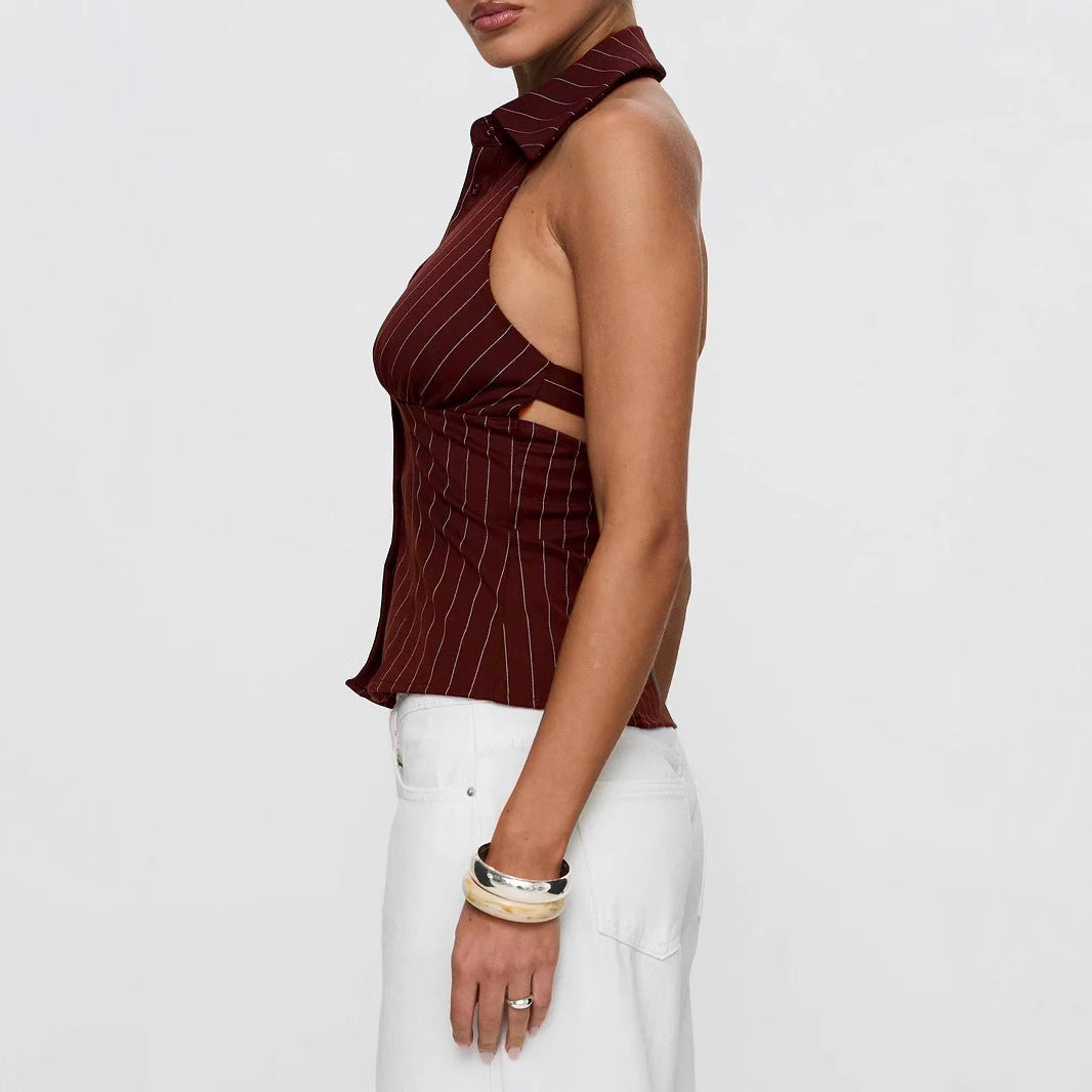 Women’s Striped Slim-Fit Sleeveless Shirt – Distressed Casual Summer Style