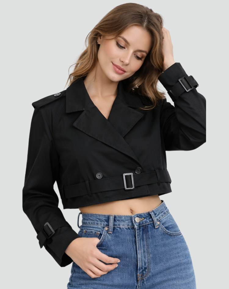 Women's Short Cotton Trench Coat - Classic Regular Fit Everyday Outerwear