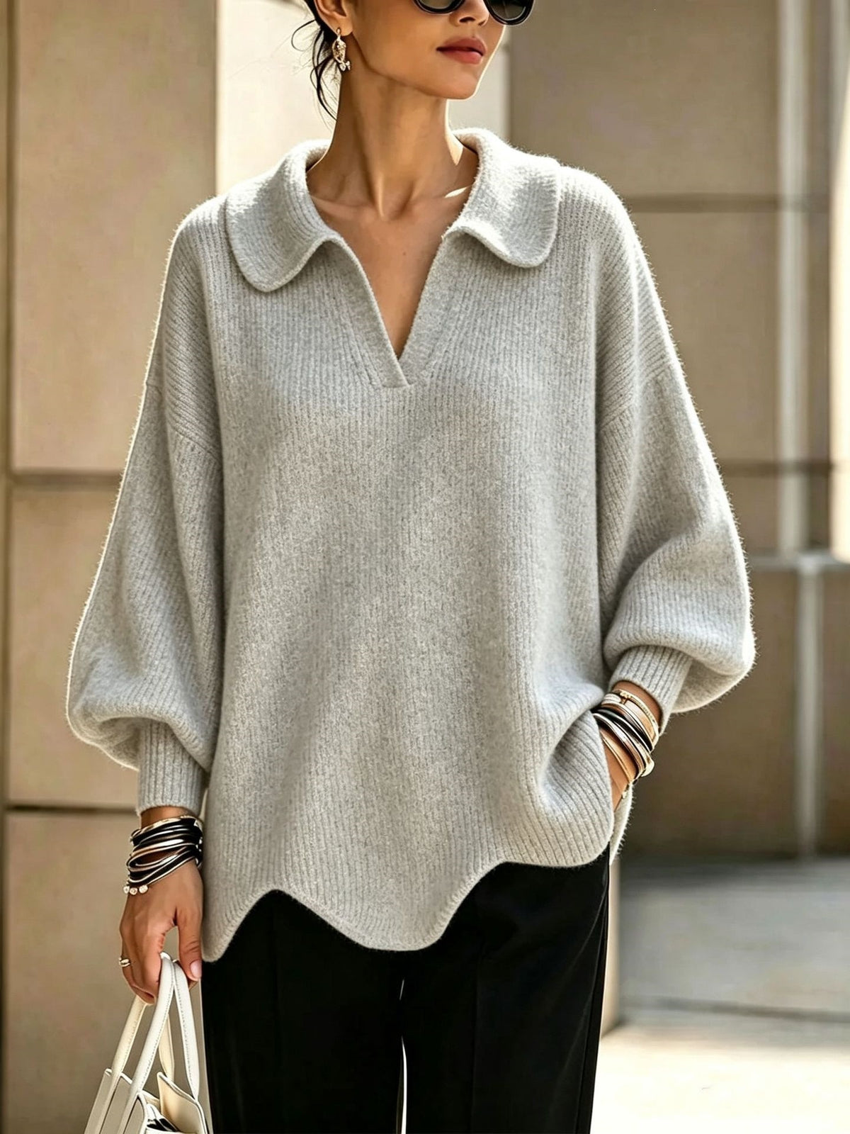 Women’s V-Neck Lantern Sleeve Sweater – Relaxed Feminine Knit