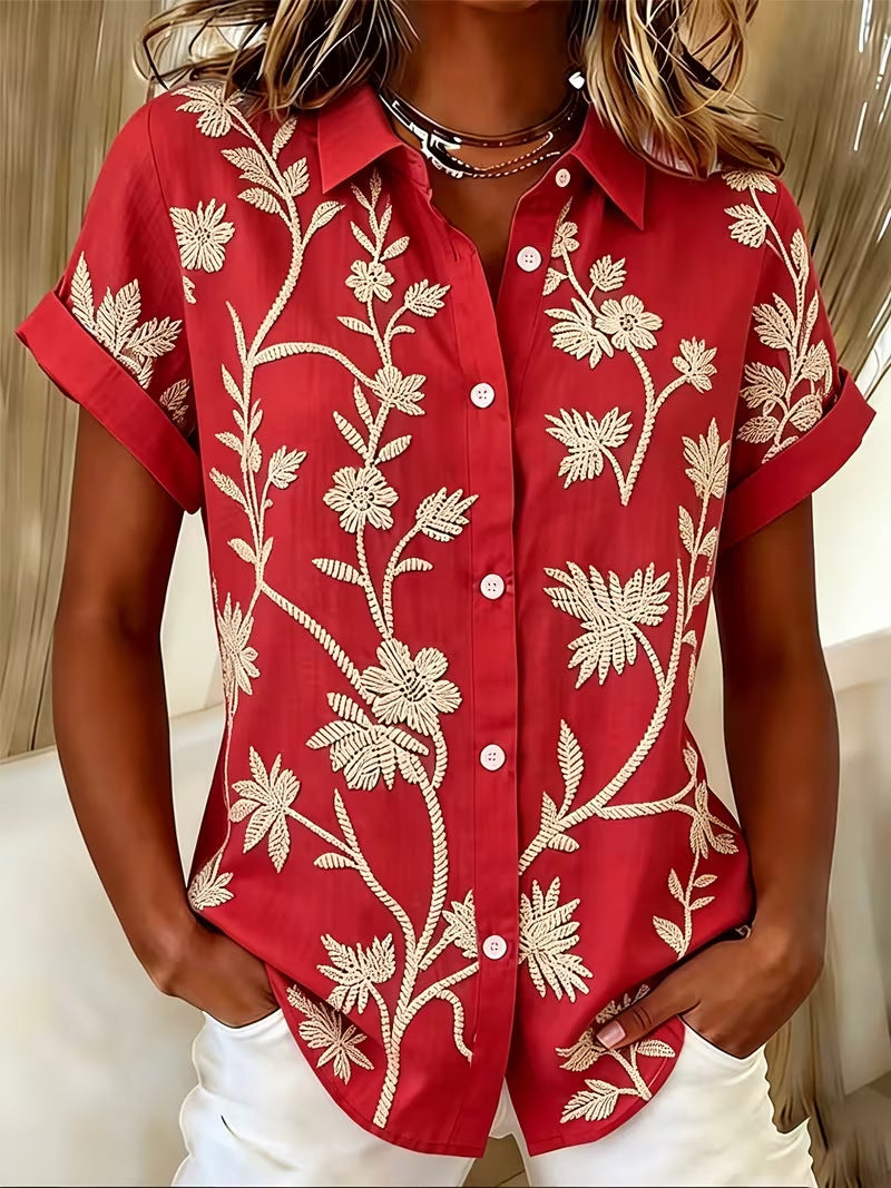 Women's Floral Short Sleeve Blouse - Leaf Print Relaxed Summer Top