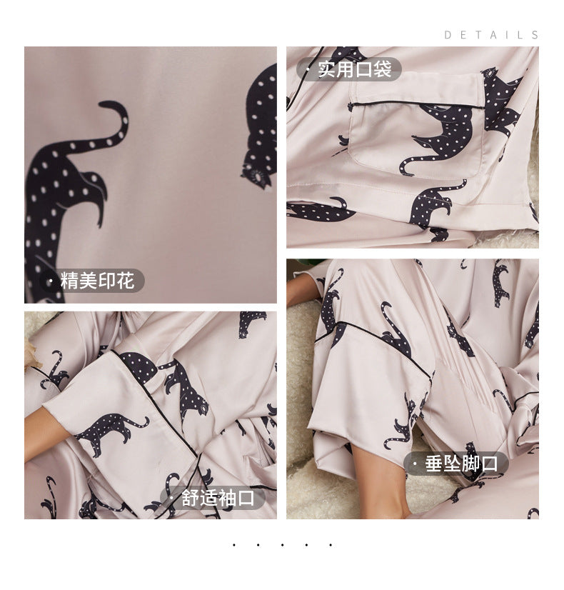 Women’s Ice Silk Leopard Print Pajama Set – Soft Digital-Print Long-Sleeve Sleepwear