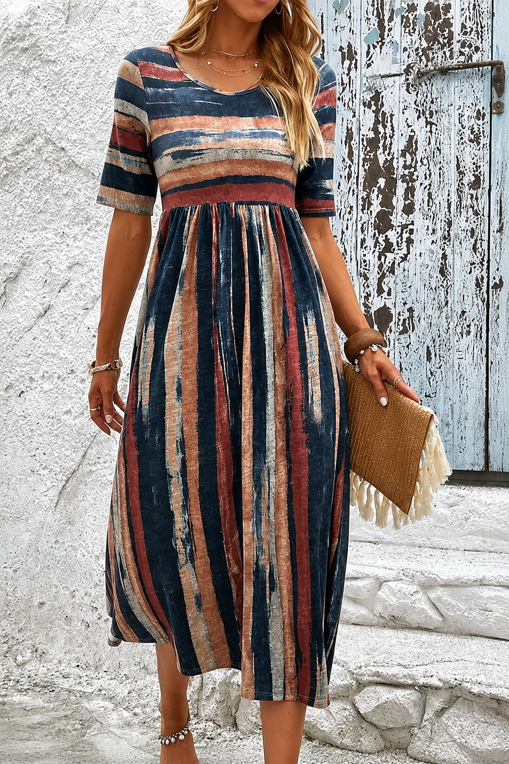 Women's Striped Tummy-Control Midi Dress - Flattering Elegant Daywear
