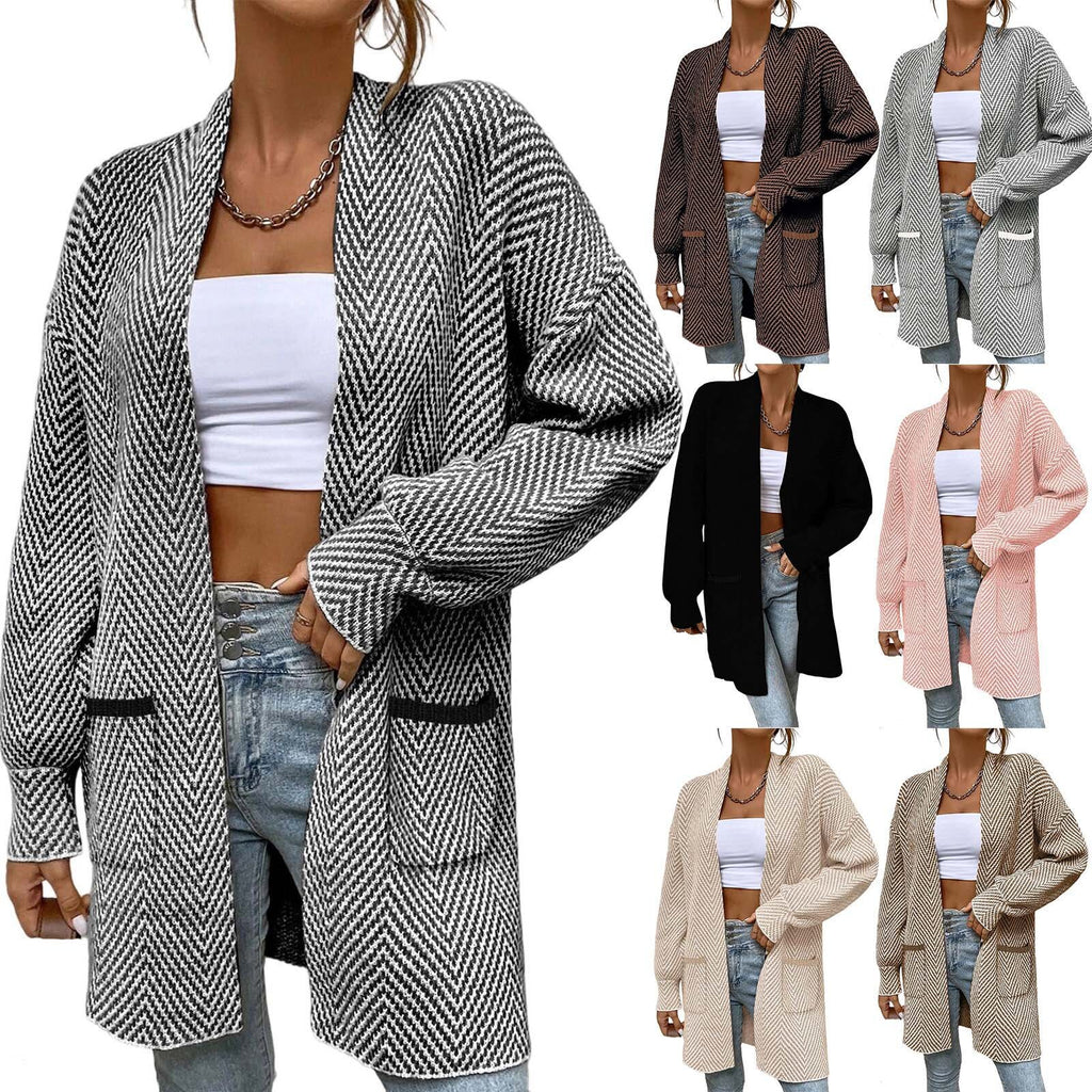 Pocket Long-Sleeve Knit Sweater - Loose and Casual