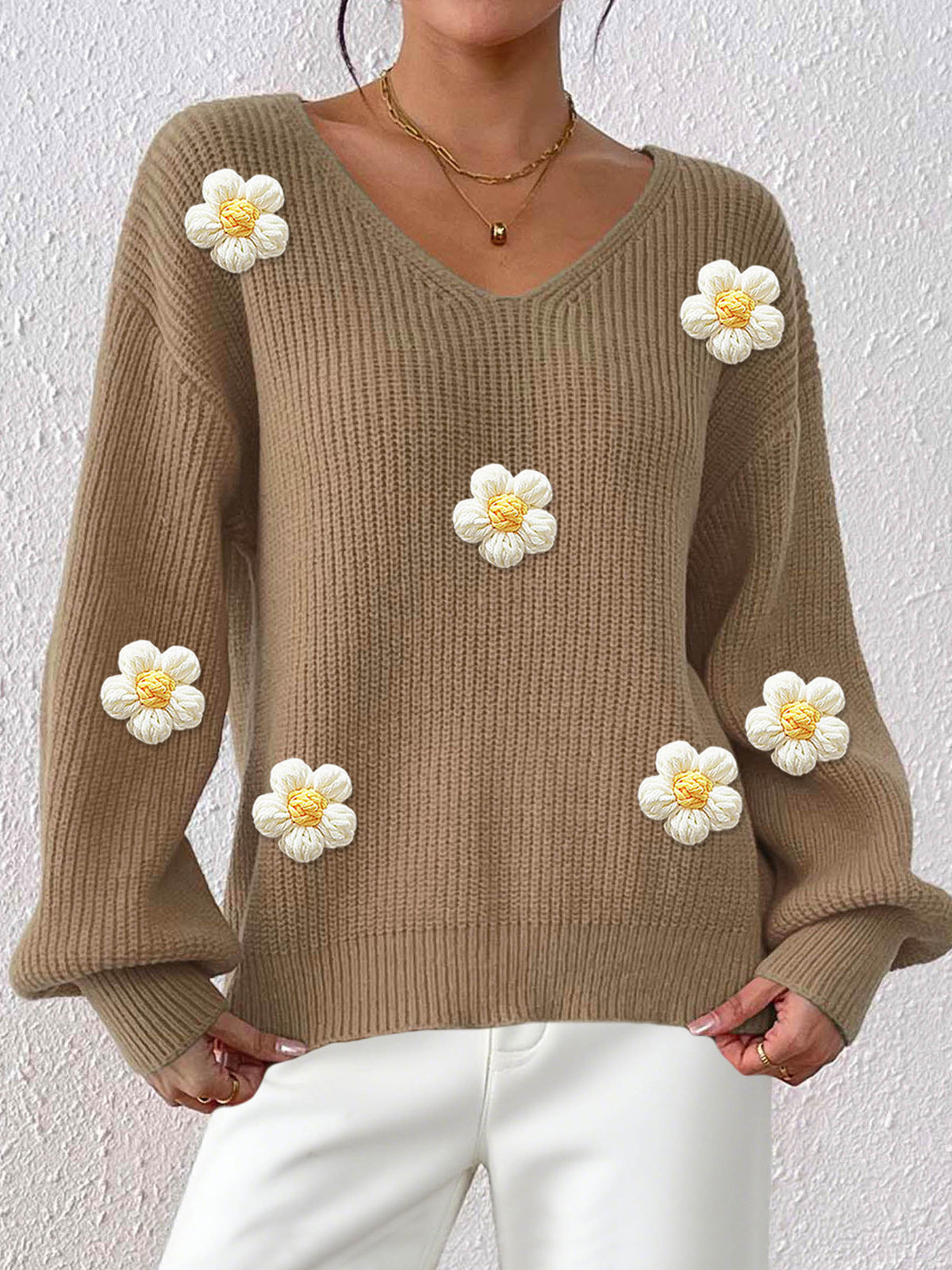 Floral Patchwork V-Neck Sweater - Textured and Elegant