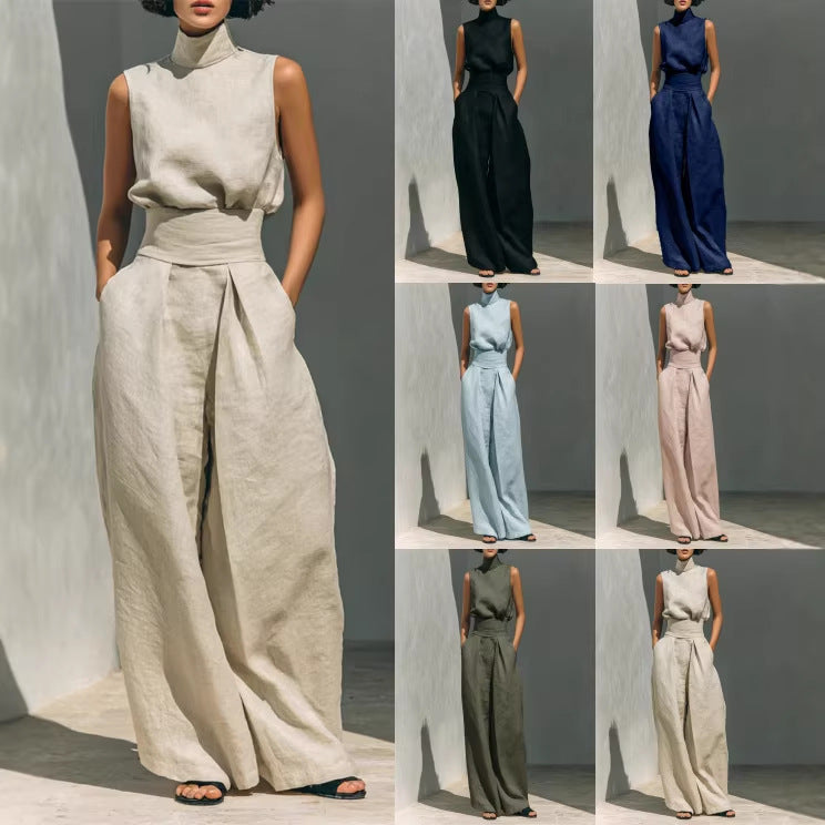 Women’s Sleeveless Two-Piece Set – Stand Collar Top & Straight-Leg Trousers Summer Casual Style