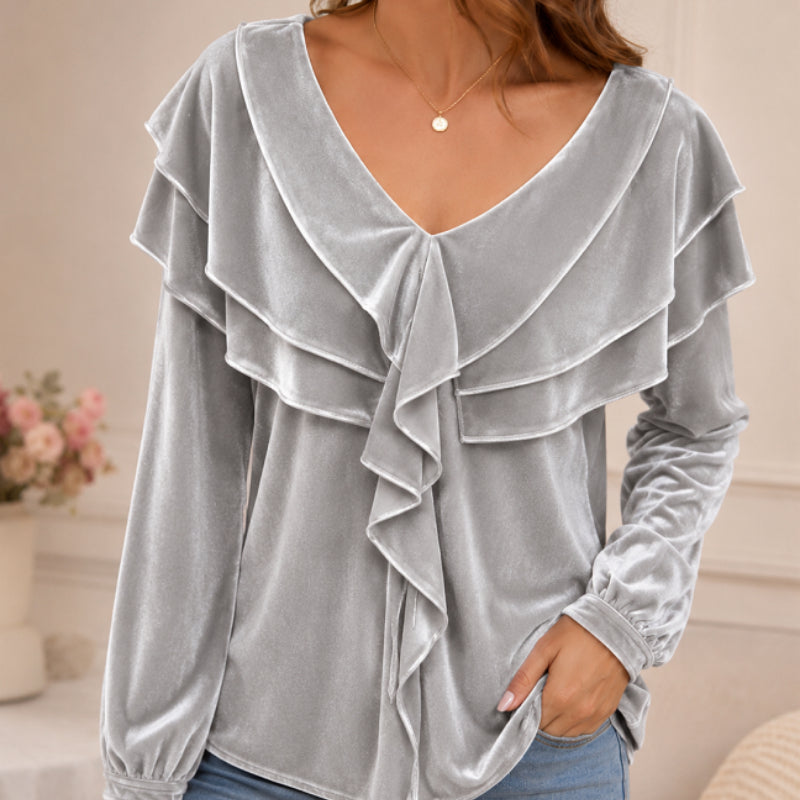 Women’s Velvet V-Neck Ruffled Top – Elegant Chic Feminine Style