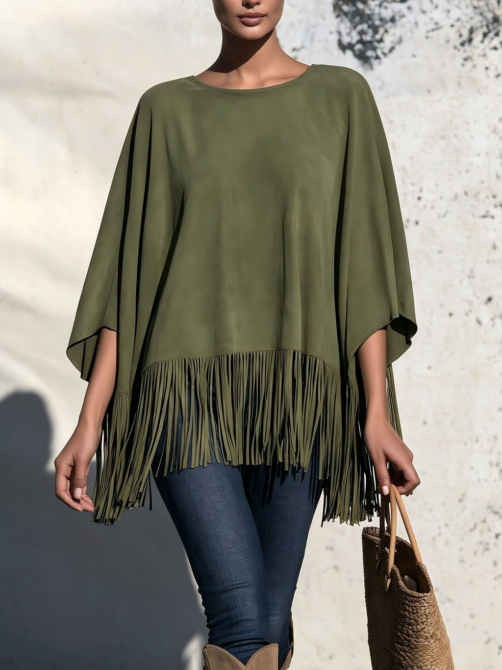 Women’s Loose Fringe Blouse – Relaxed Round Neck Top