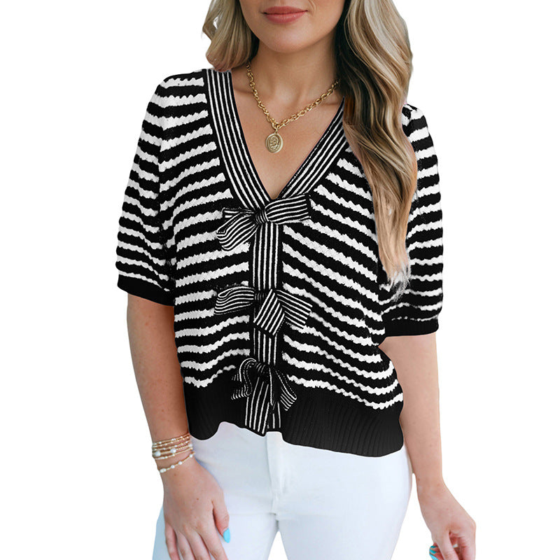 Women's Short Sleeve V Neck Knit Sweater - Soft Bow Detail Everyday Top