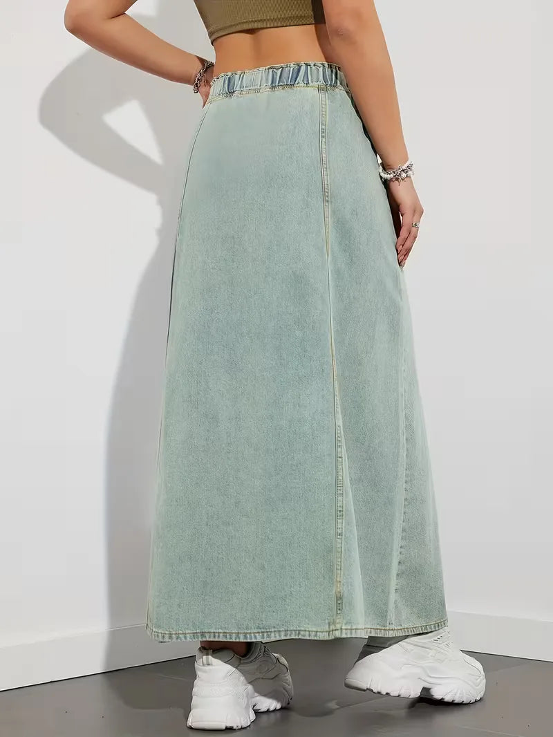 Women's Denim Maxi Skirt with Stretch Waist – Comfortable Everyday Style