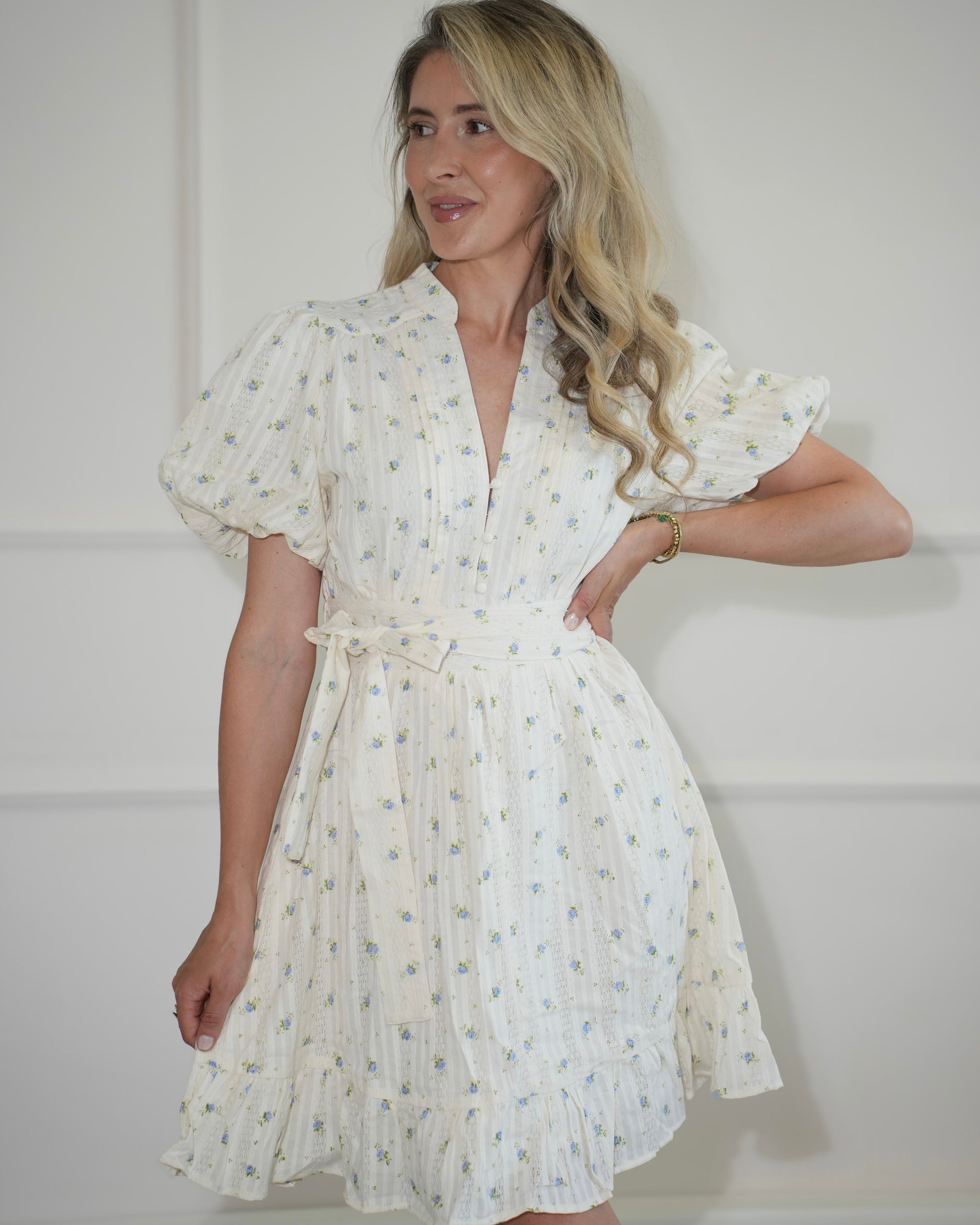 Women's Floral Puff Sleeve Midi Dress – Waist Tie Summer Occasion Dress
