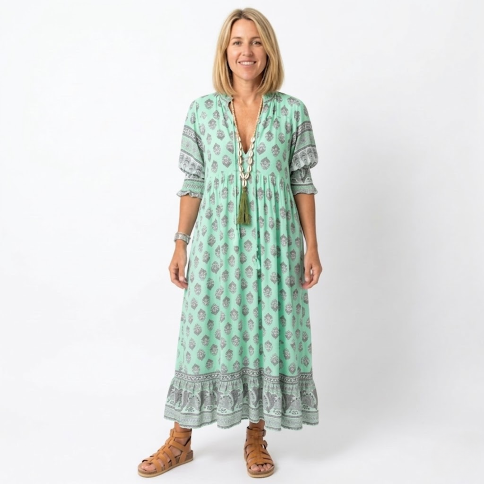 Women's Boho Floral Midi Dress – V-Neck Lantern Sleeve Dress