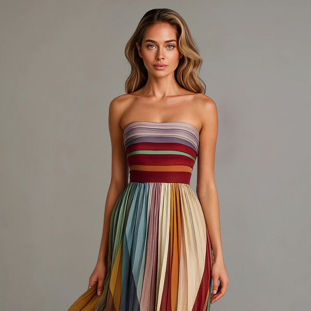 Women's Pleated Strapless Maxi Dress - Panelled Flowing Evening Dress