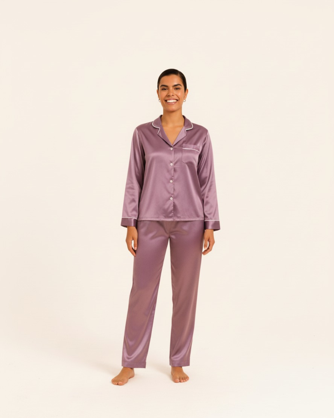 Basic effen satijnen pyjamaset voor dames