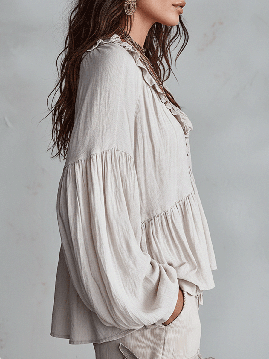 Women's Bohemian Ruffle Blouse – Airy Vintage-Inspired Long Sleeve Top