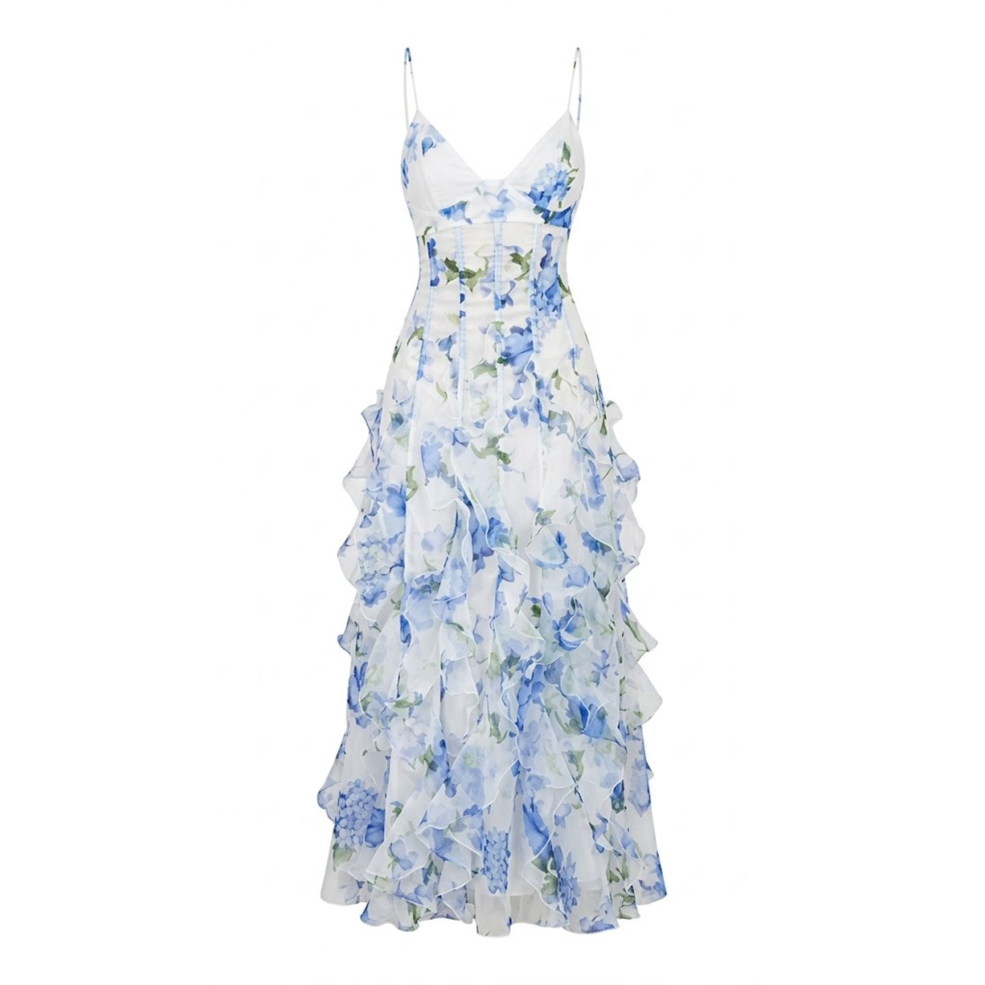 Women's Floral Corset Maxi Dress – Ruffle Trim Strap Summer Dress