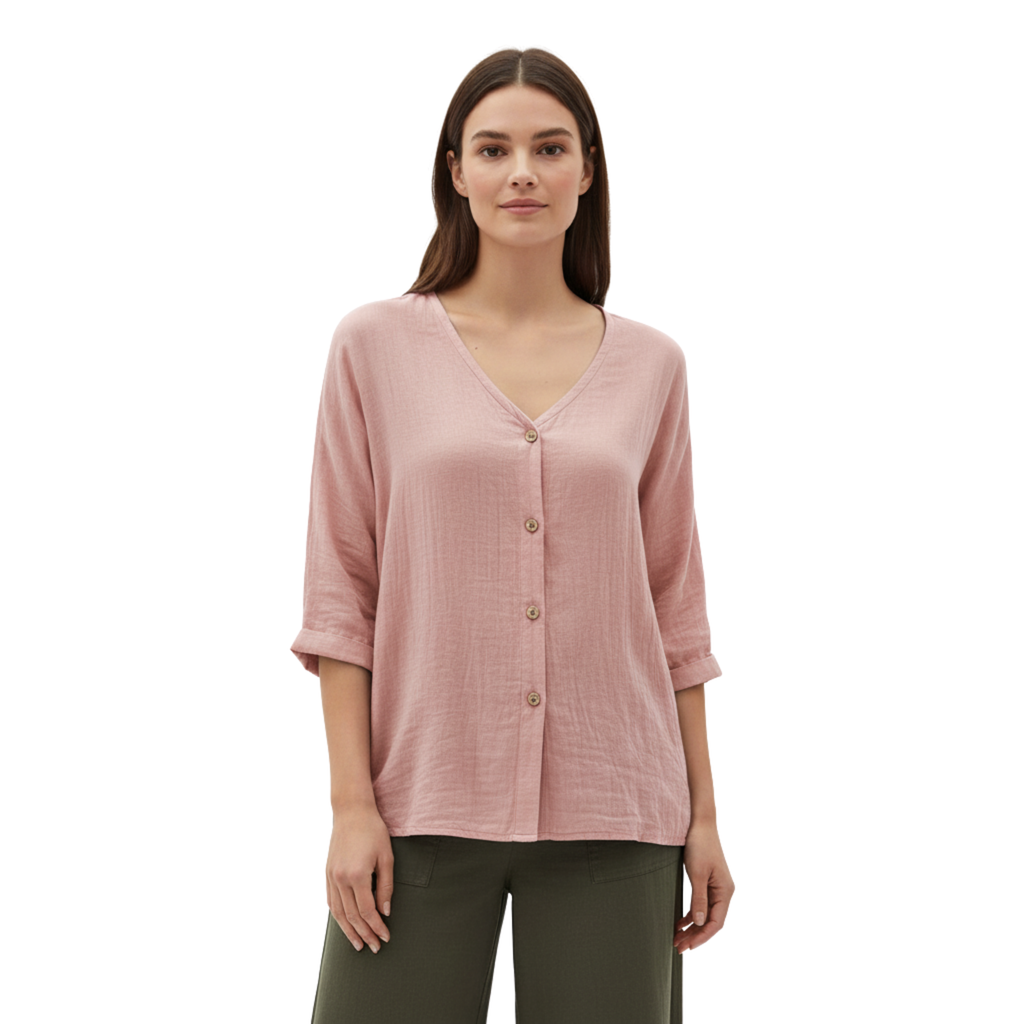 Women's V Neck Button Blouse – Linen Cotton 3/4 Sleeve Top