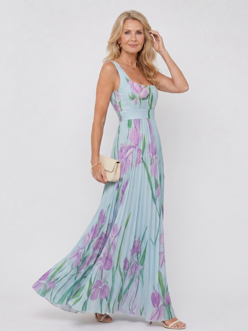 Women's Pleated Sleeveless Square Neck Midi Dress – Elegant Summer Daywear