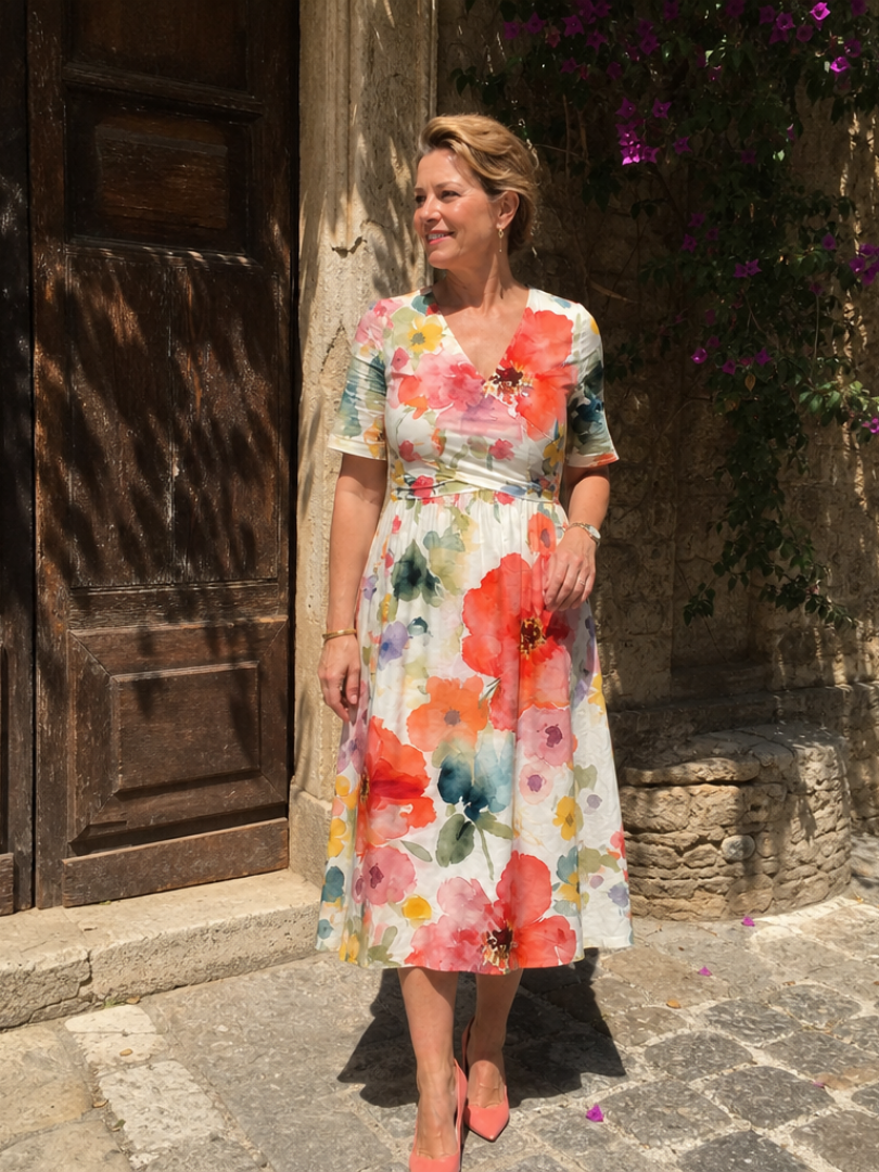 Women's Floral V-Neck Midi Dress – Short Sleeve Everyday Elegance
