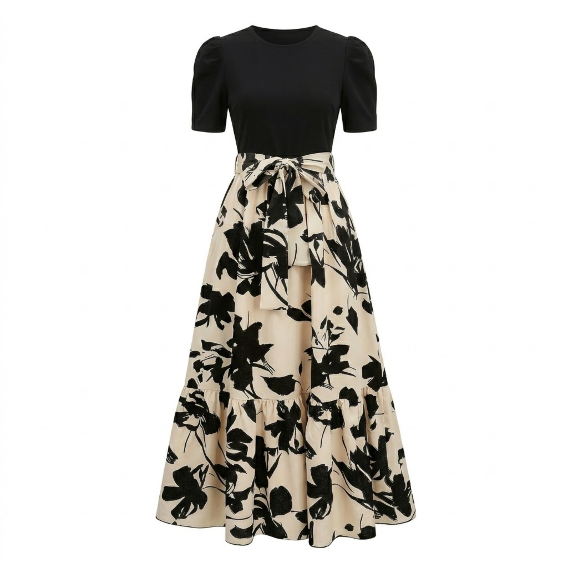 Women's Floral A-Line Maxi Dress – Puff Sleeve Belted Summer Dress