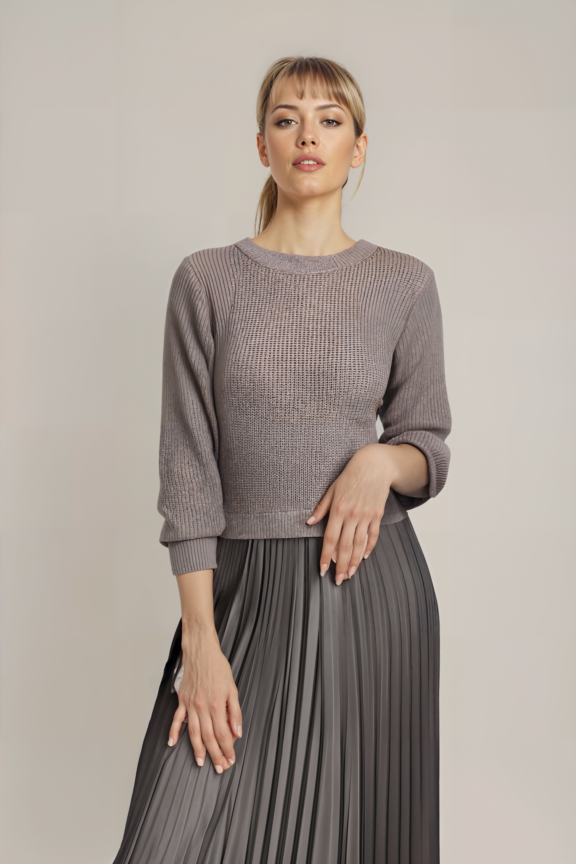 Women's Knit Sweater and Pleated Satin Skirt Set - Cozy Elegant Two-Piece Outfit