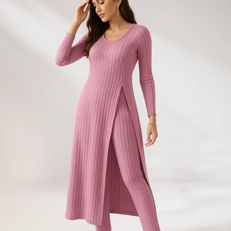 Women’s Ribbed Two-Piece Set – Split-Hem Longline Top and Wide-Leg Matching Pants