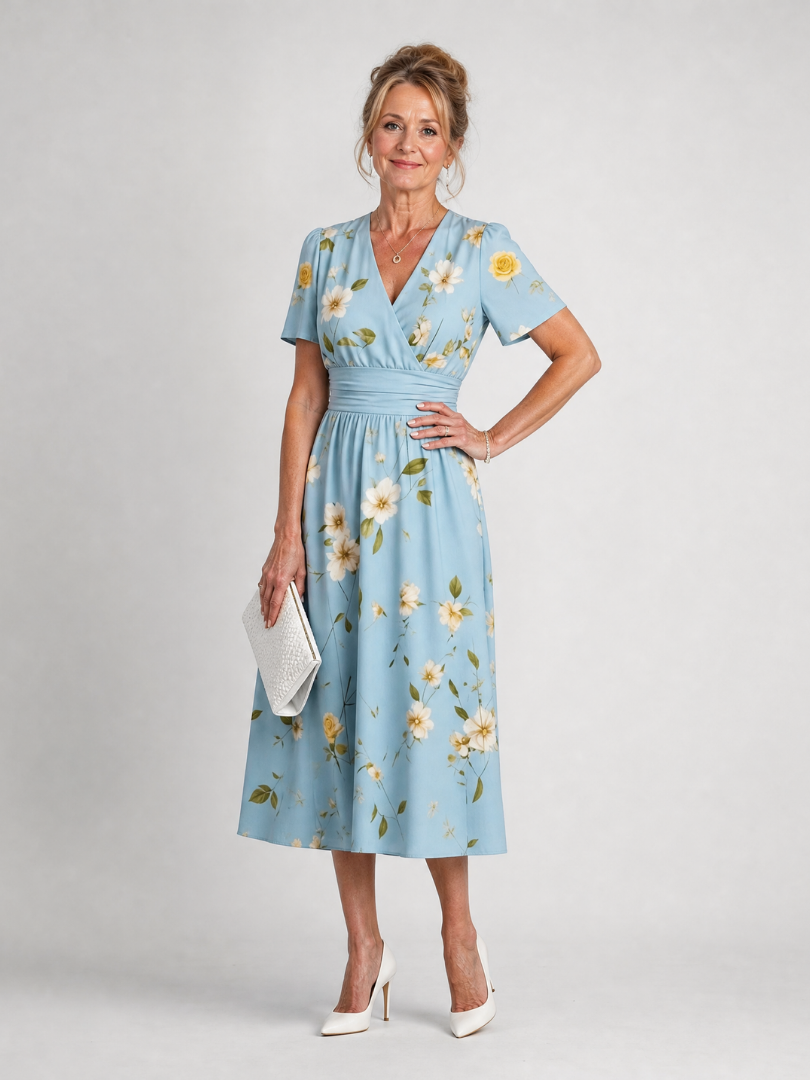 Women's Floral V-Neck Midi Dress – Short Sleeve Soft Summer Style