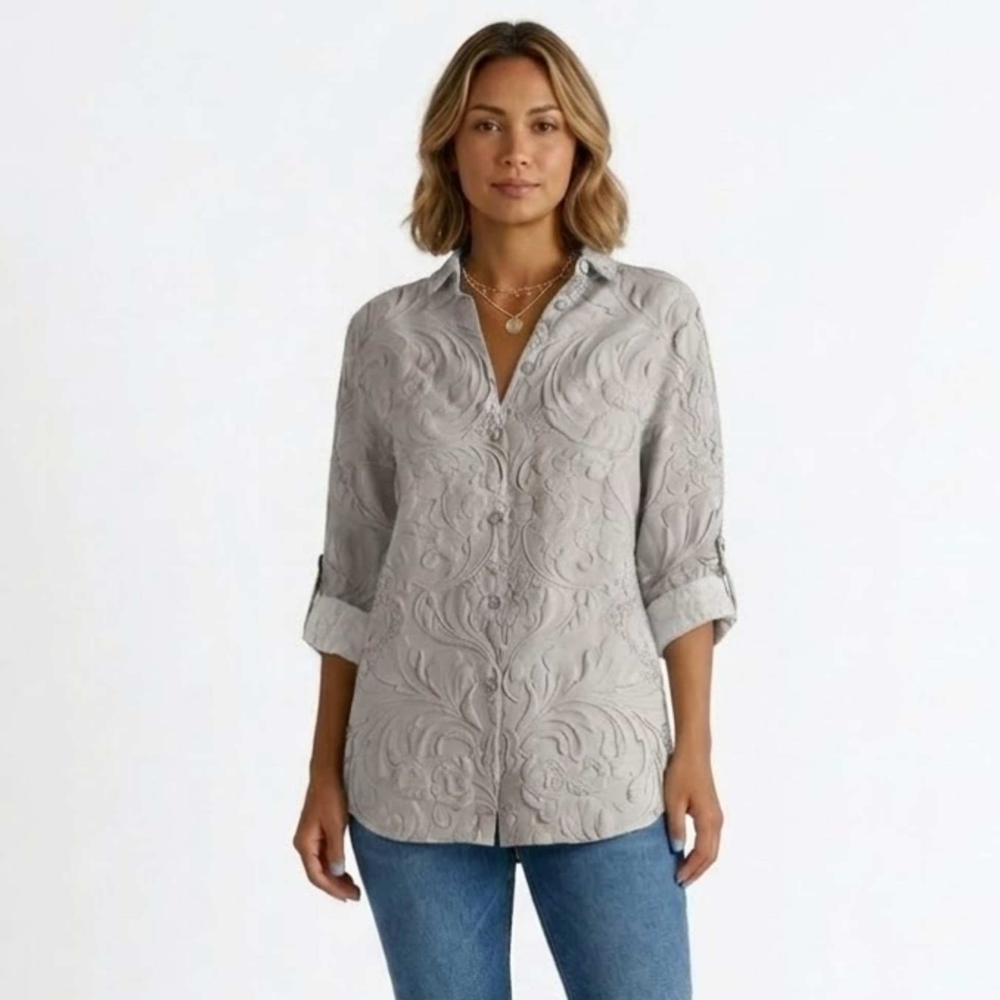 Women's Floral Cotton Shirt – Classic Collar 3/4 Sleeve Casual Blouse