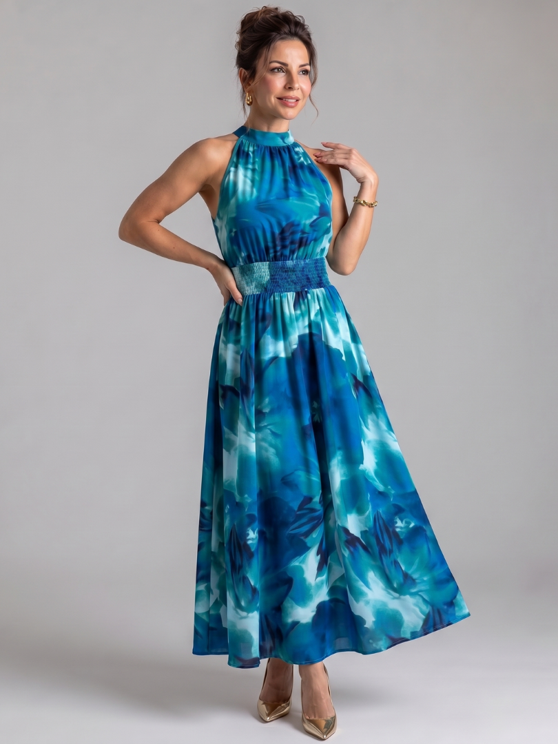 Women's Gathered Waist Abstract Print Midi Dress - Easy Polished Day Style