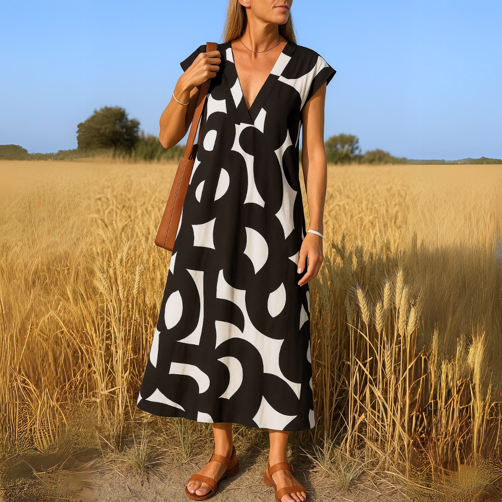 Women's Black & White Geometric Print V-Neck Cap-Sleeve Midi Dress