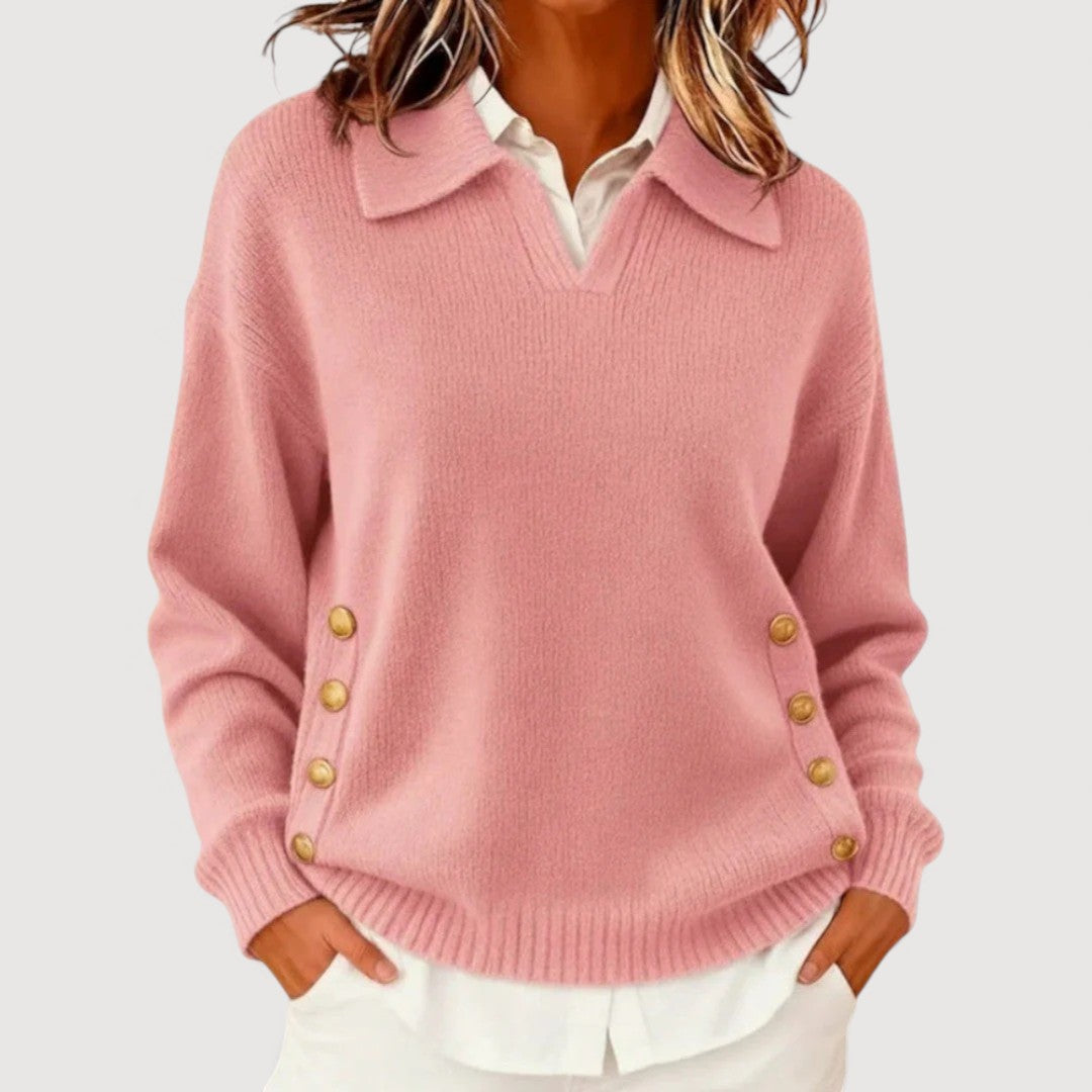 Women’s V-Neck Knit Sweater – Elegant Button-Detail Pullover