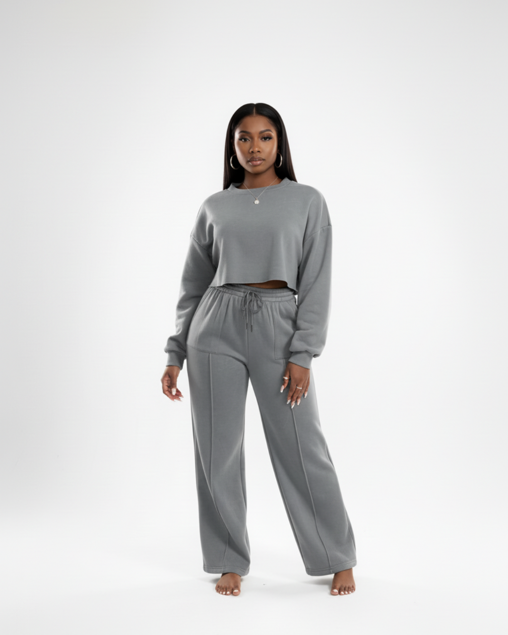 Women’s Charcoal Gray Soft Tracksuit – Two Piece Jogger Set with Cropped Sweatshirt