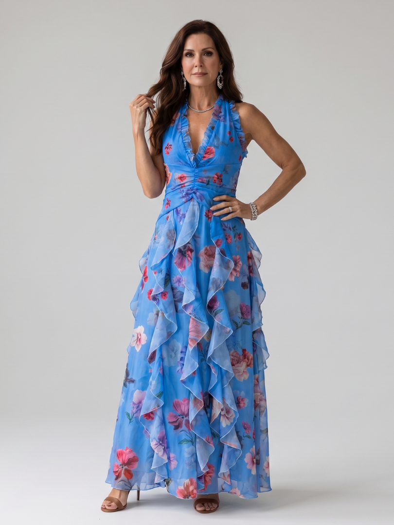 Women's Halter Neck Ruched Bodice Floral Maxi Dress - Elegant Occasion Flow