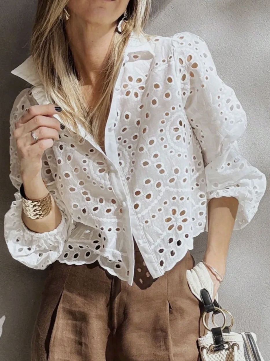 Women's Embroidered Short Shirt - Relaxed Hollow-Out Casual Blouse