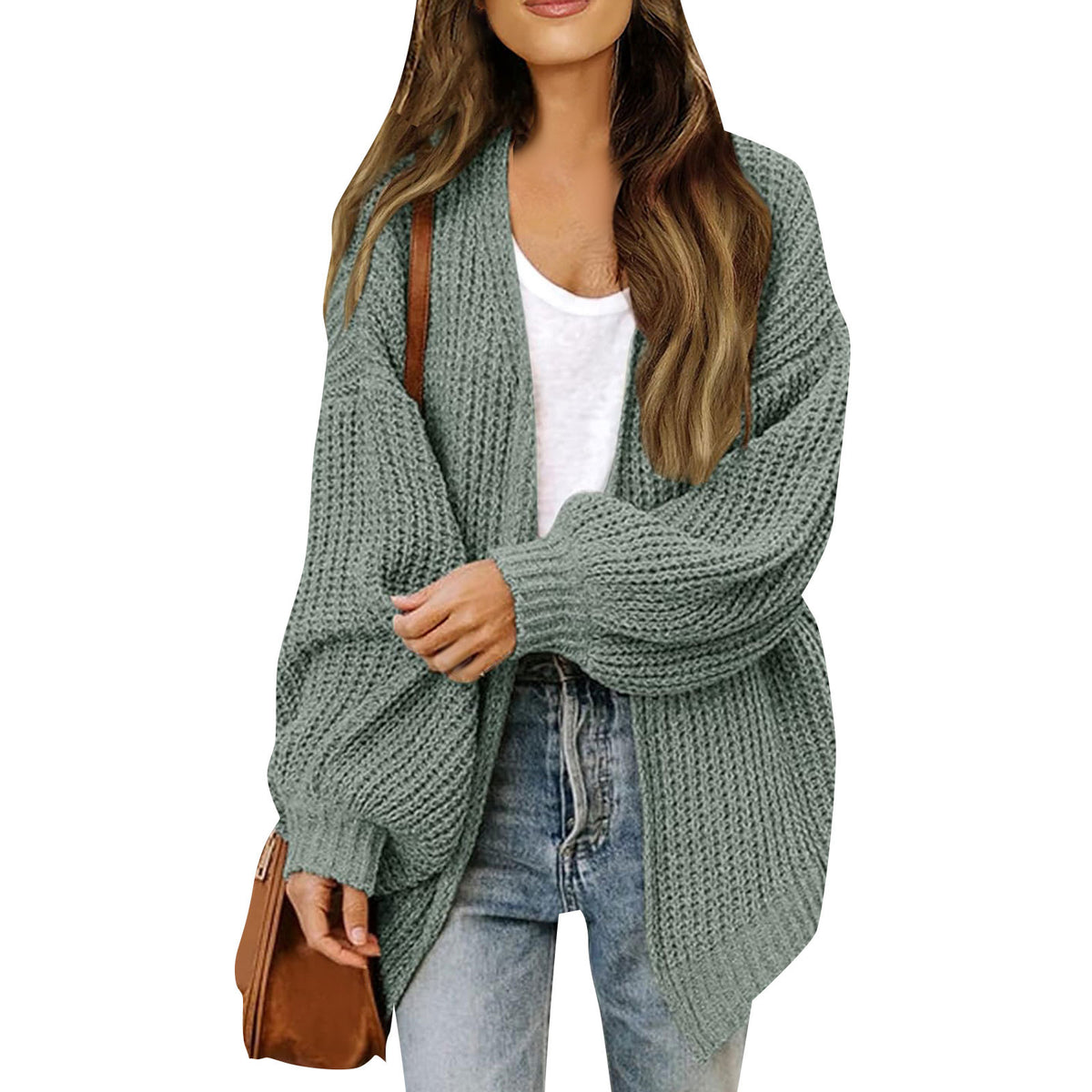 Women’s Chunky Knit Cardigan Coat – Lantern Sleeve Cozy Oversized Style