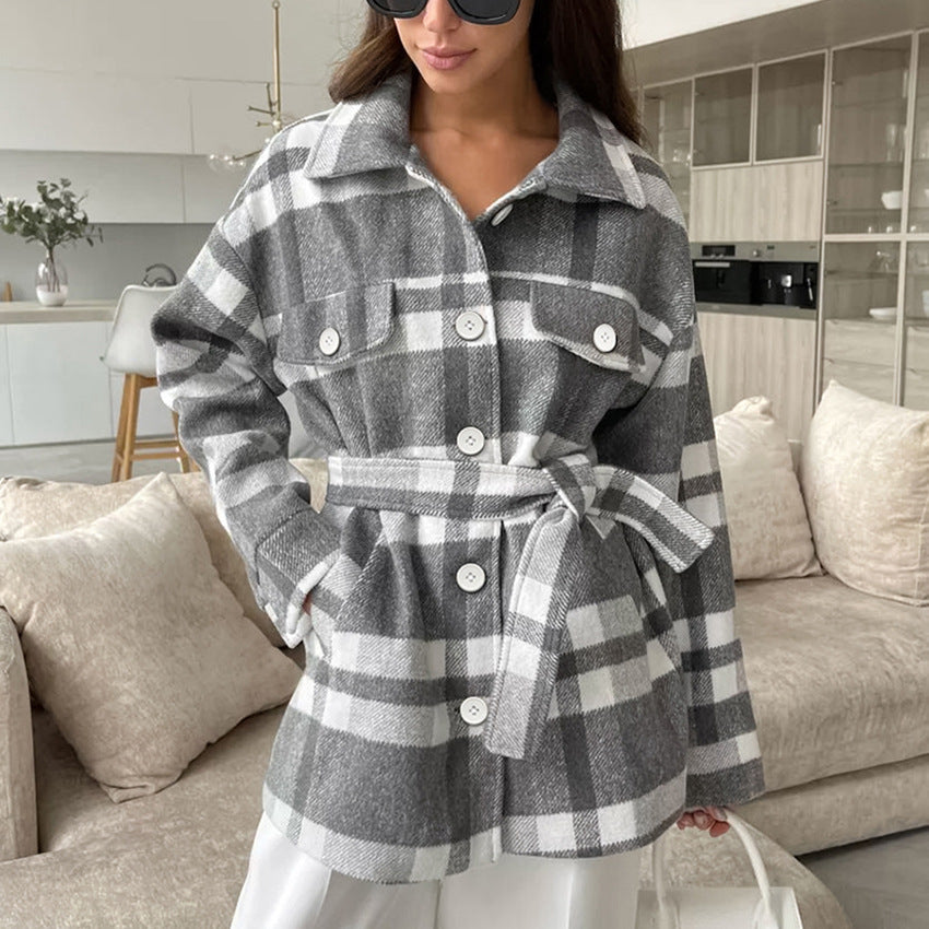 Women's Plaid Tie Front Jacket - Cozy Casual Statement Layer