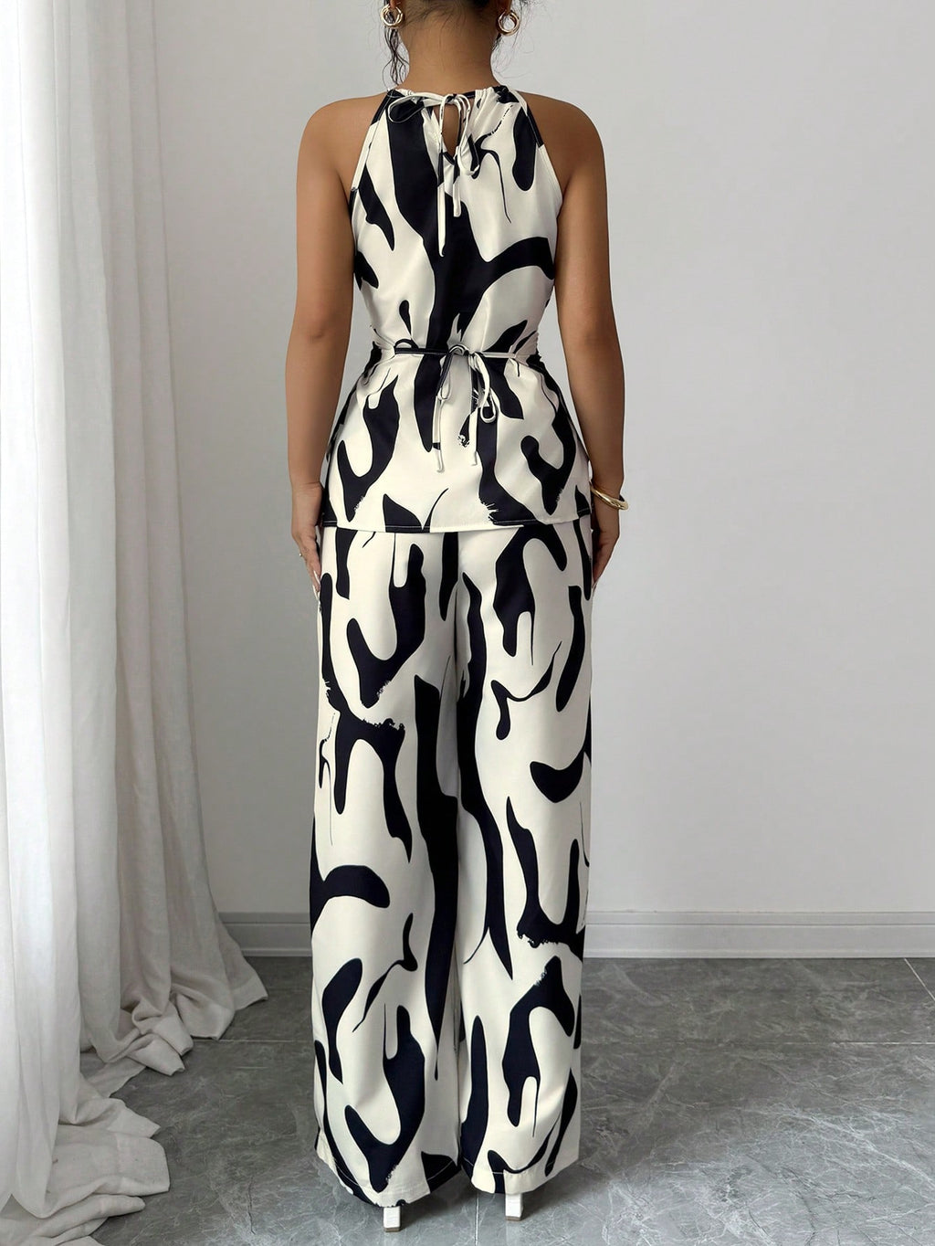 Women's Halter Jumpsuit - Black and White Printed Summer One-Piece