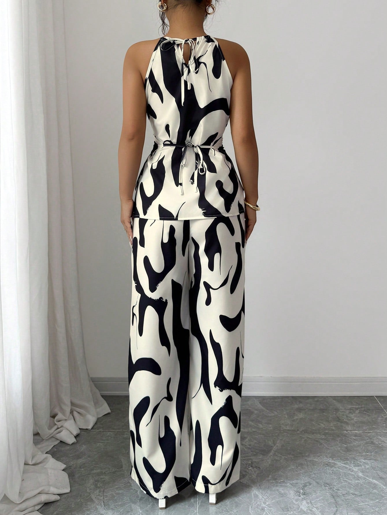 Women's Halter Jumpsuit - Black and White Printed Summer One-Piece