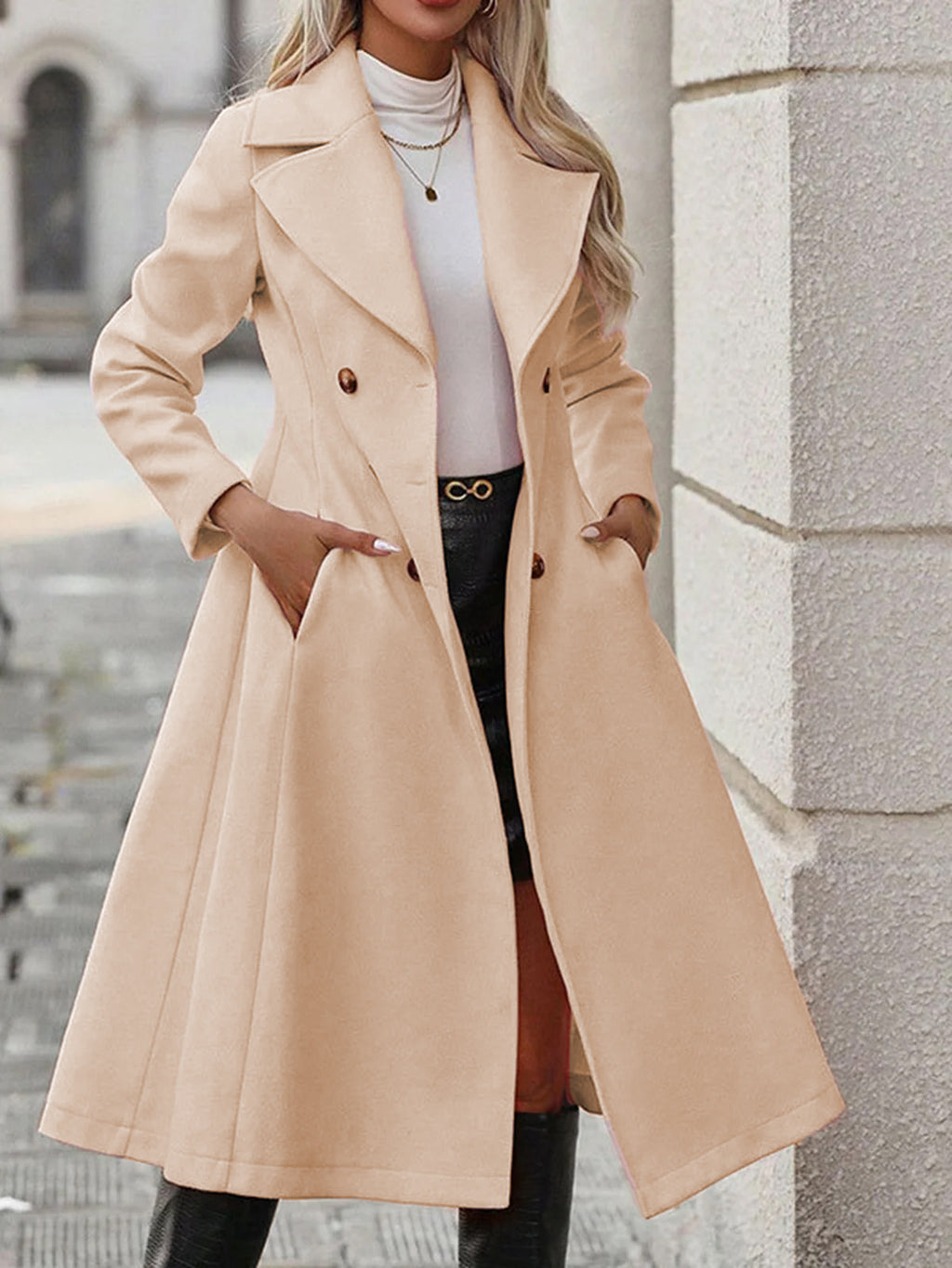 Women's Long Trench Coat - Double-Breasted Casual Outerwear