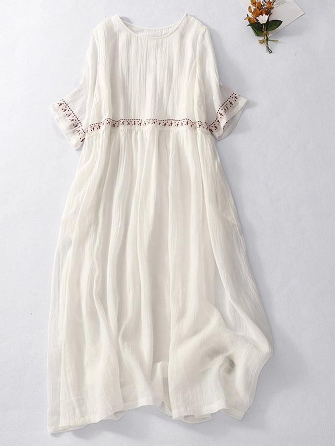 Women’s Embroidered Linen Maxi Dress – Casual White Summer Beachwear